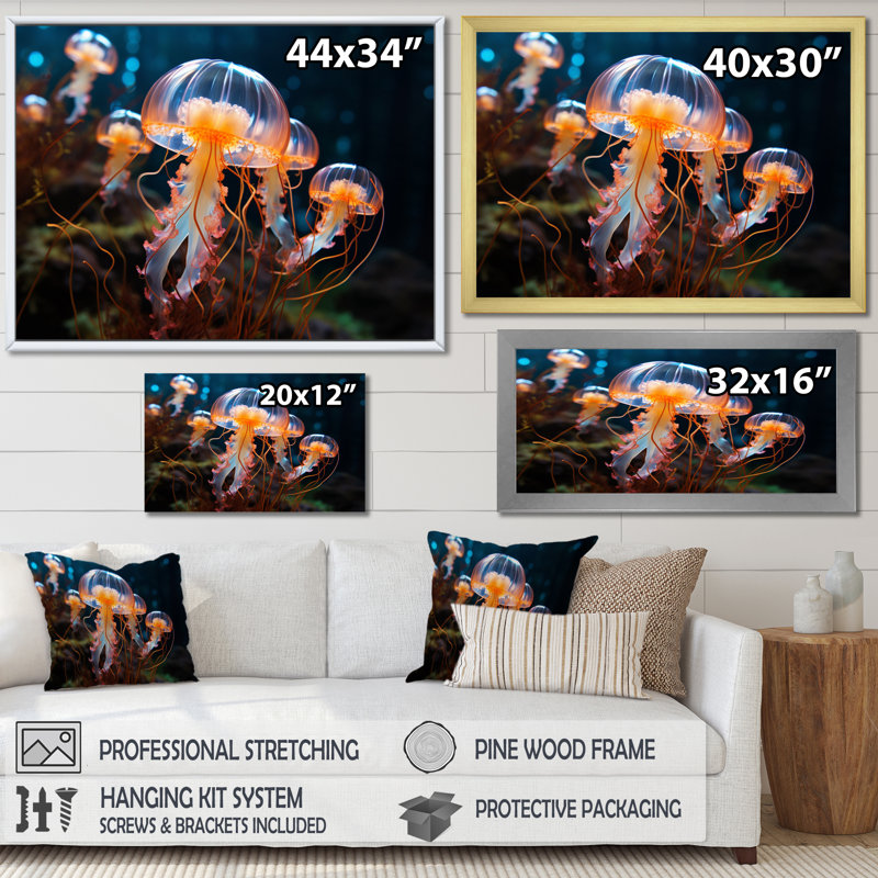 Méduse Oceans Glow II - imprimé, Cadre flottant blanc, H 12 po x l 20 po x P 1 po