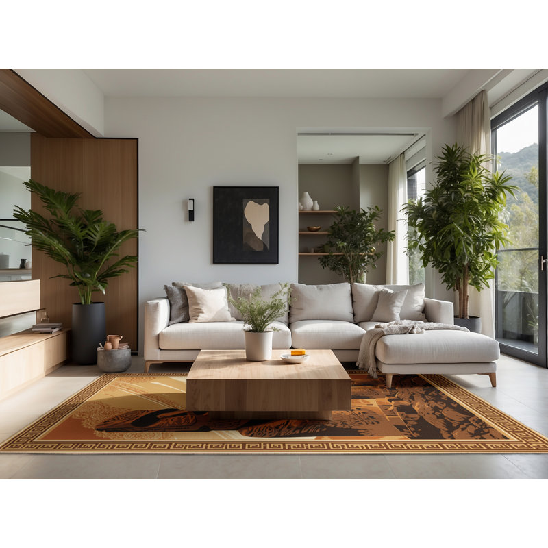 Soft Plush Rodolfo Polynesian Moai Statues Classic Oriental Area Rug in Brown – Beige Binding, 4x6