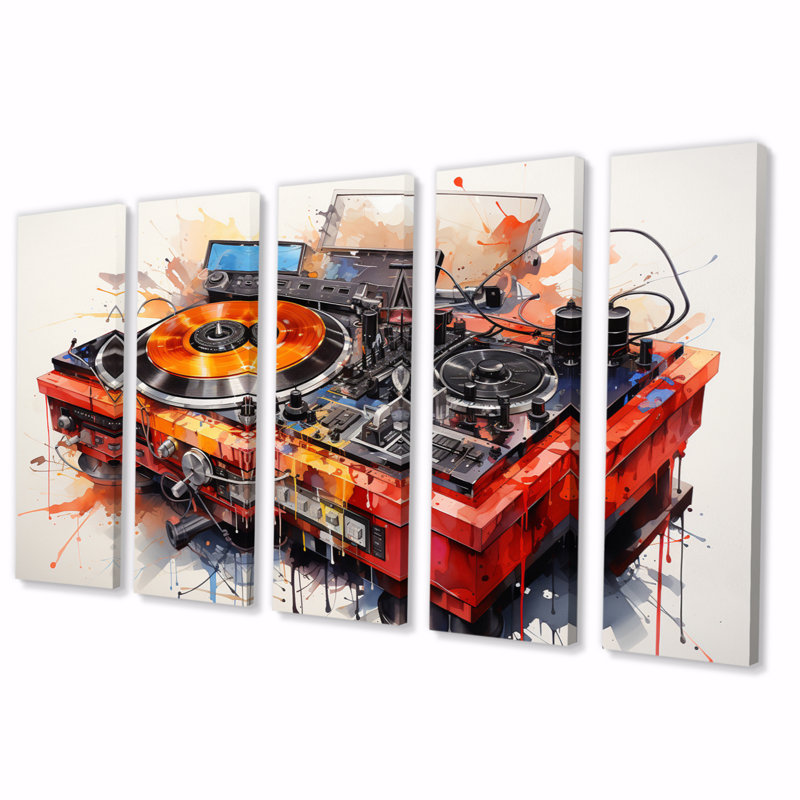 Abstrait, platines tournantes musicales, "Boom Boxes II" - reproduction d'art mural - 5 panneaux égaux