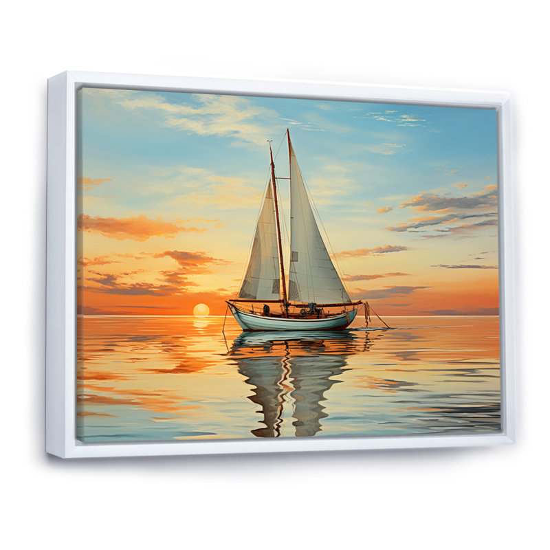 Voilier, réflexion rythmique I sur toile, Cadre flottant blanc, H 12 po x l 20 po x P 1 po