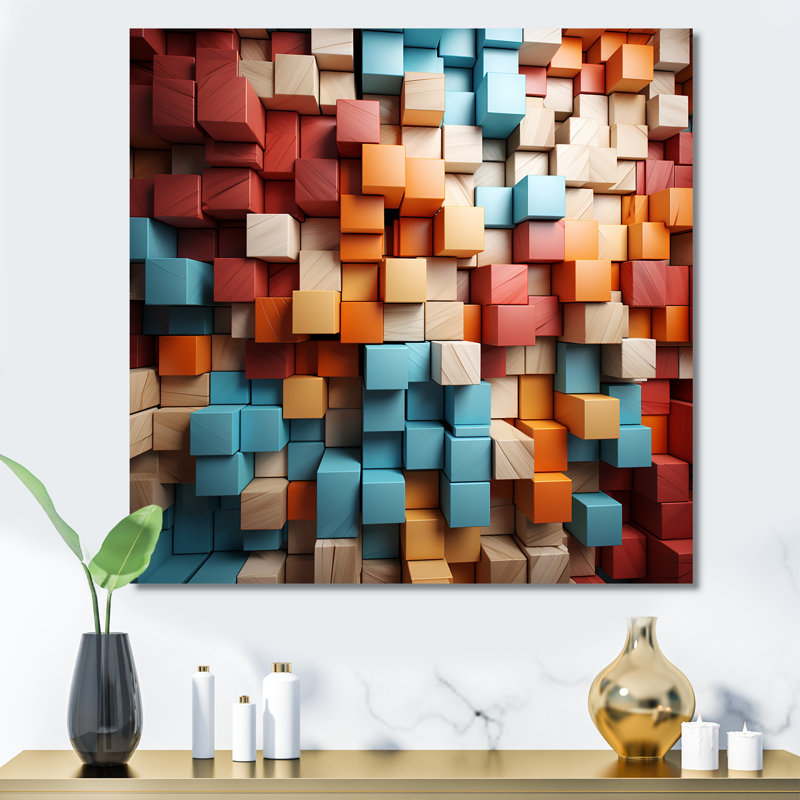 «Blue and Red Abstract Cubes I - Abstract Cubism», reproduction d'art murale, Toile tendue, H 16 po x l 16 po x P 1 po