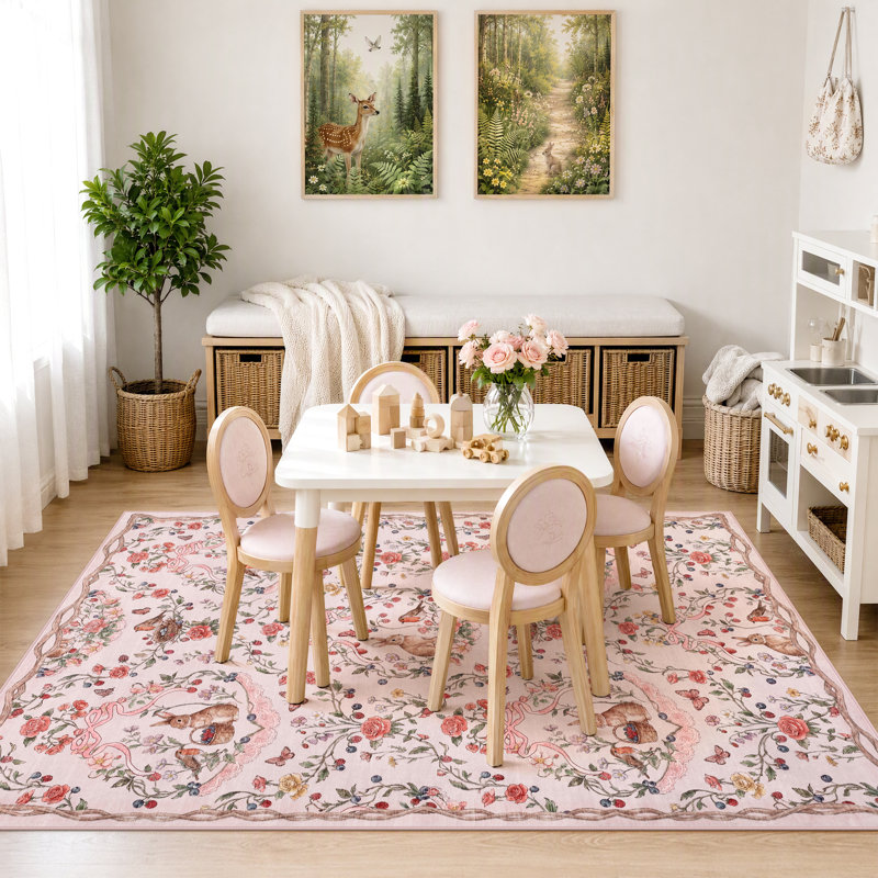 Tapis à motif floral lavable doux à poils courts et antidérapant, Pink, Rectangle