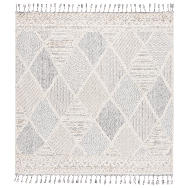 Chloe Ivory and Gray Hand-Knotted Square Wool Rug