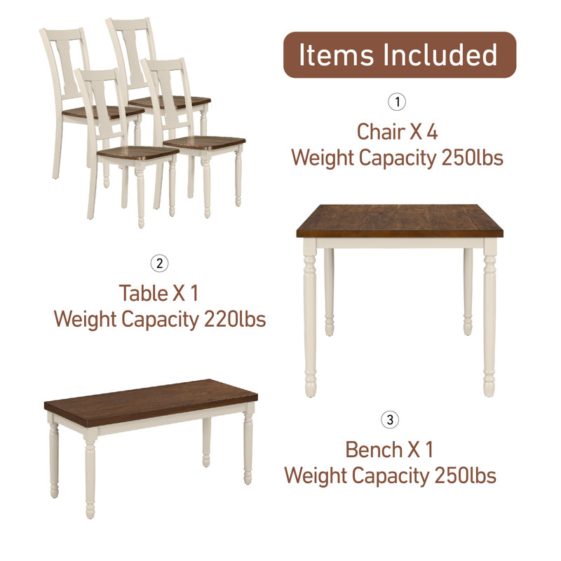 6 - Person Four Leg Dining Set, Brown, Cottage White, Brown/Cottage White