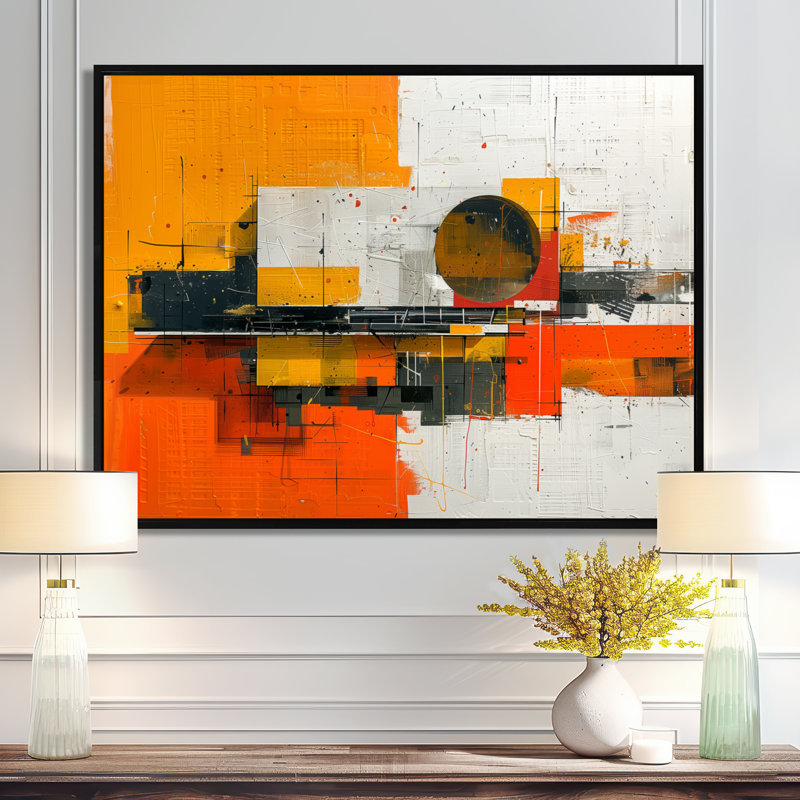 «Yellow Orange Abstract Futuristic Fusion I», reproduction d'art abstrait, Toile avec cadre flottant noir