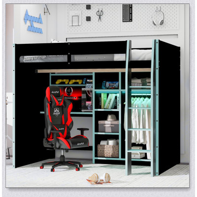 Wood Loft Bed With Desk,Open Wardrobe,Storage Compartments And RGB Lights