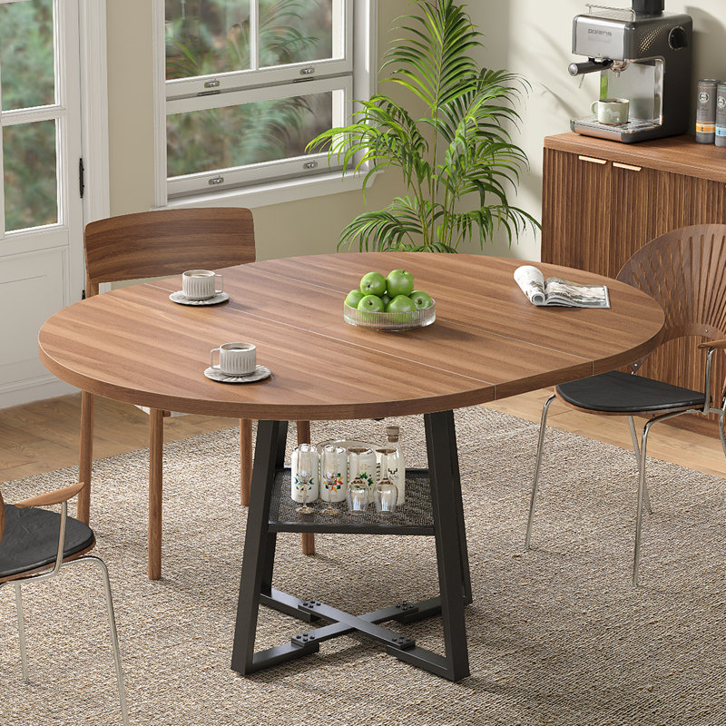 Extendable Round Dining Table For 4-8, 47 Inch Dining Room Table With Storage, Sturdy Metal Frame & Thickened Panel, Circle Dinner Tables For Dining Room, Kitchen, Living Room