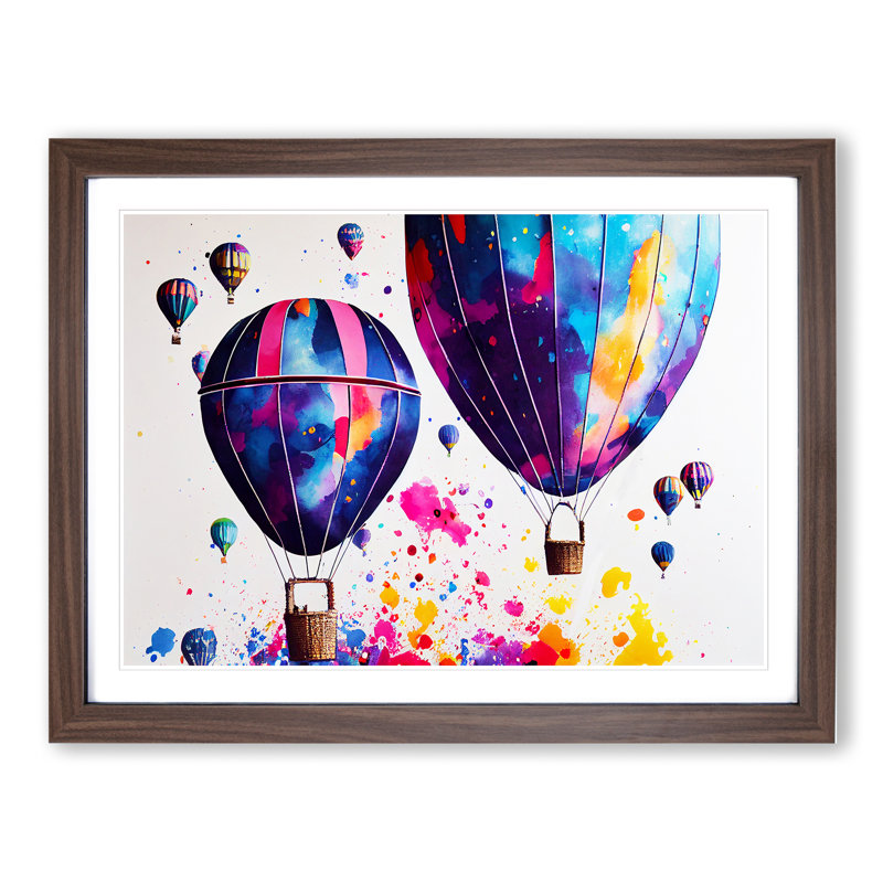 Colourful Hot Air Balloons Abstract - Single Picture Frame Painting, 25cm H x 34cm W x 2cm D, Walnut Framed