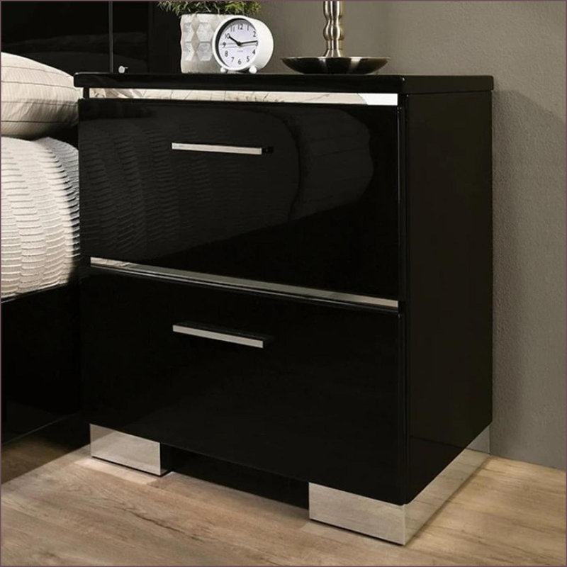 Contemporary Black High-Gloss Nightstand with USB &amp; Chrome Accents