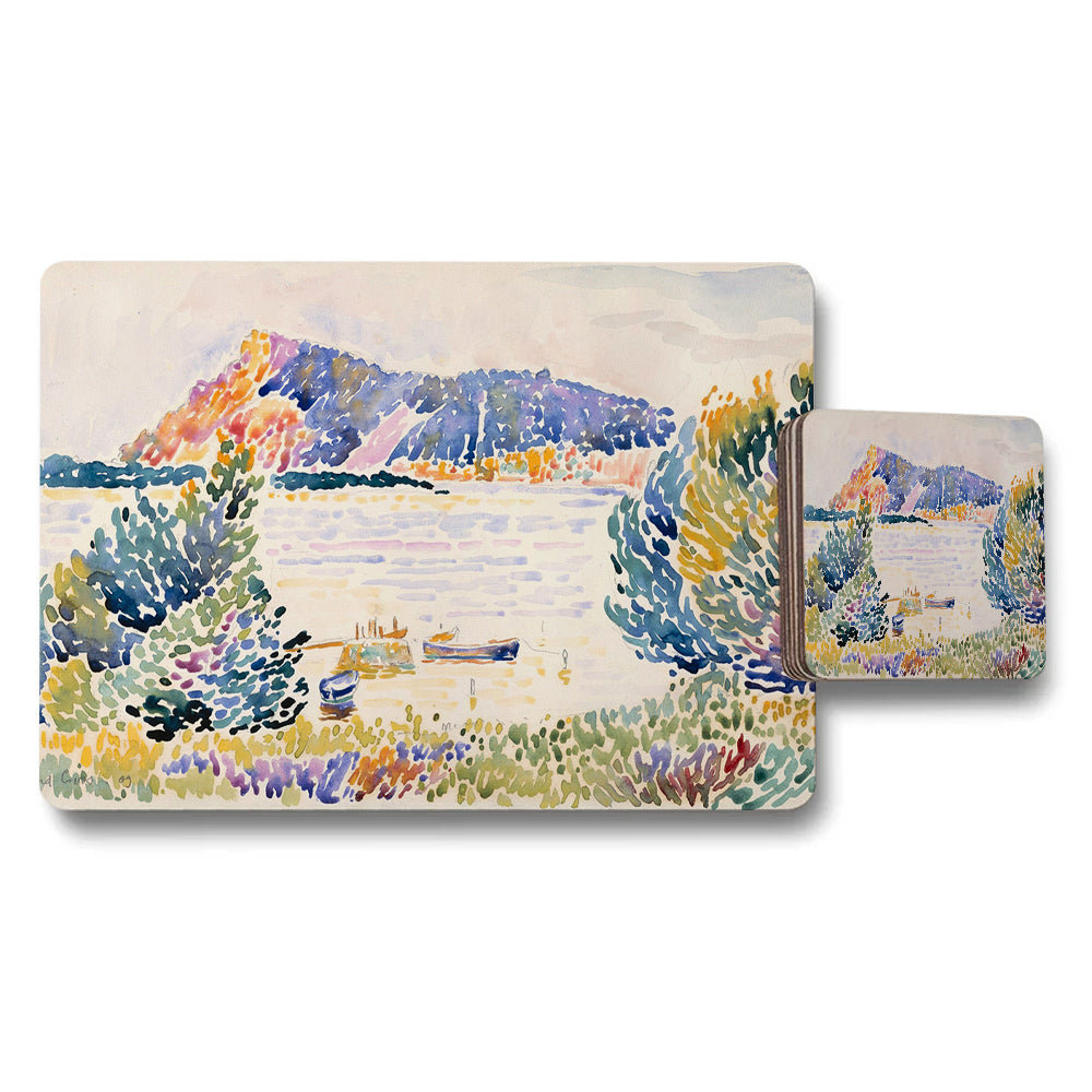 Impressionist Lake Landscape Placemats And Coasters Set With Boats