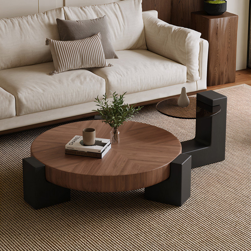 2 Piece Set of Modern Round Wood Coffee Table with Geometric Leg Design
