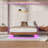 Walnut Queen Floating Bed Frame with LED Lights, Wave Curve Wood Texture, and Heavy Duty Metal Slats - No Box Spring Needed