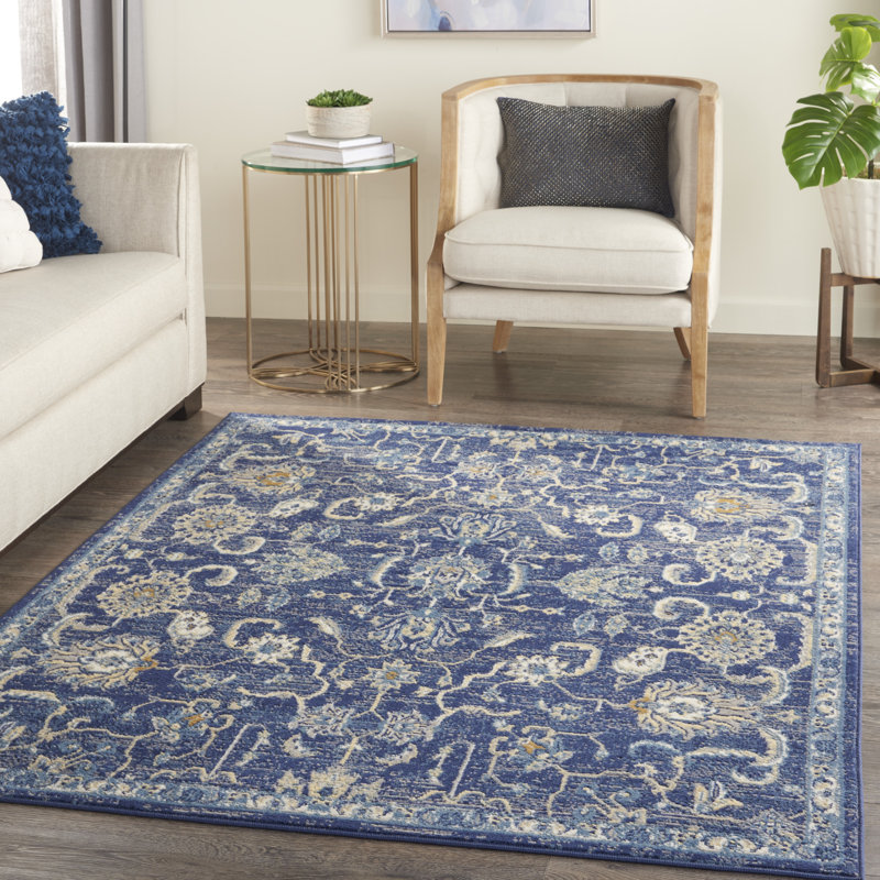 Tapis bleu marine d'inspiration persane, Rectangle 3 pi 9 po x 5 pi 9 po