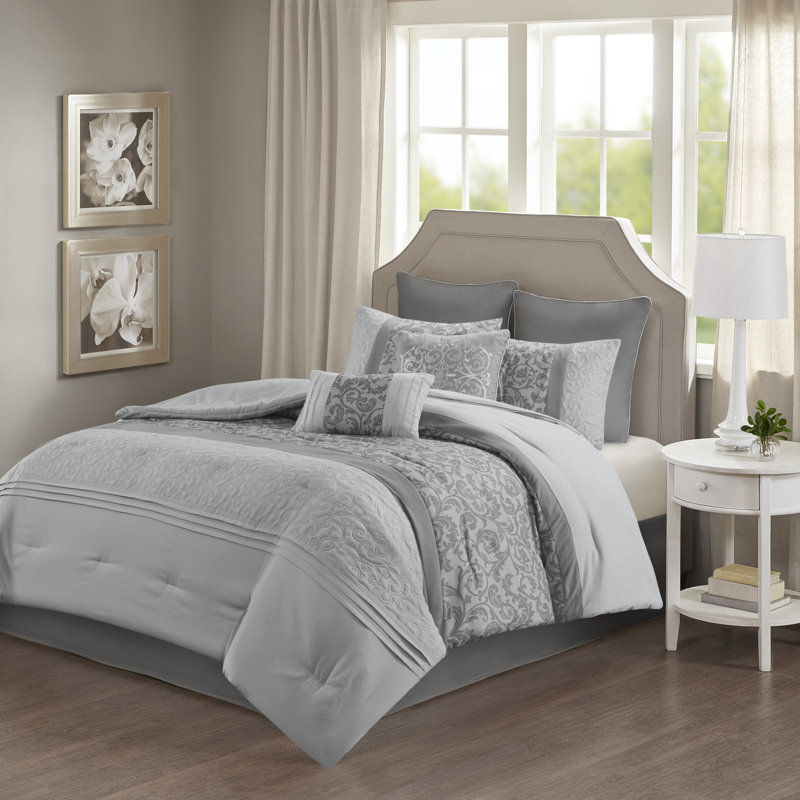 Ramsey Embroidered 8 Piece Comforter Set, King Comforter + 7 Additional Pieces, Gray