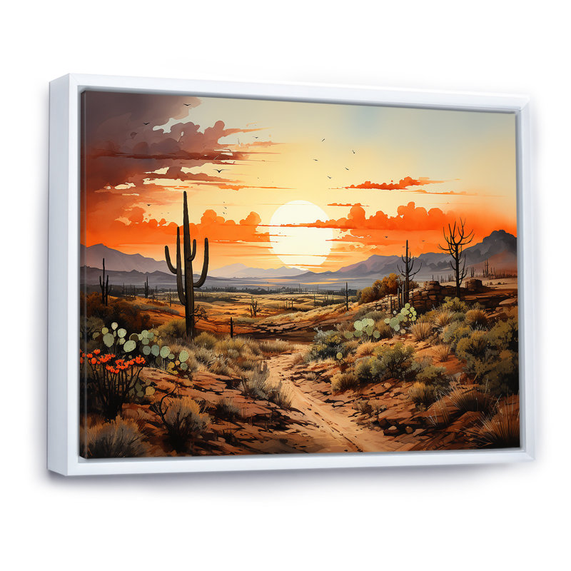 Silhouette orange, Cactus, lever de soleil - Cactus, art mural, H 30 po x l 40 po x P 1,5 po, Cadre flottant blanc