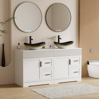 Ensemble de meuble-lavabo autoportant à double cuve 60 po avec plateau en bois manufacturé, lavabo vasque, robinet et drain Ghage, peint à la main résistant à l'eau