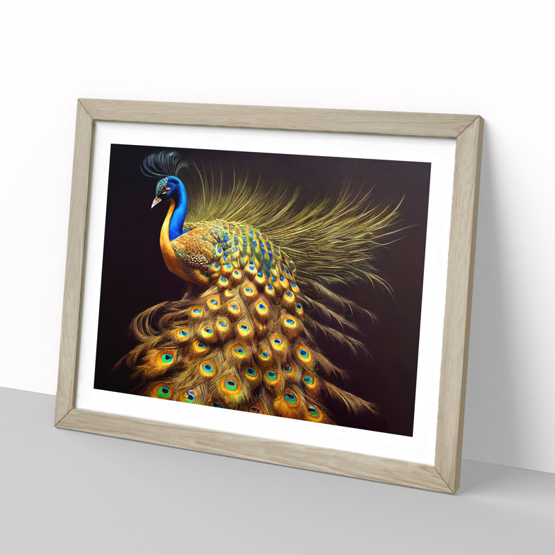 Illuminated Peacock - Single Picture Frame Painting, 46cm H x 64cm W x 2cm D, Oak
