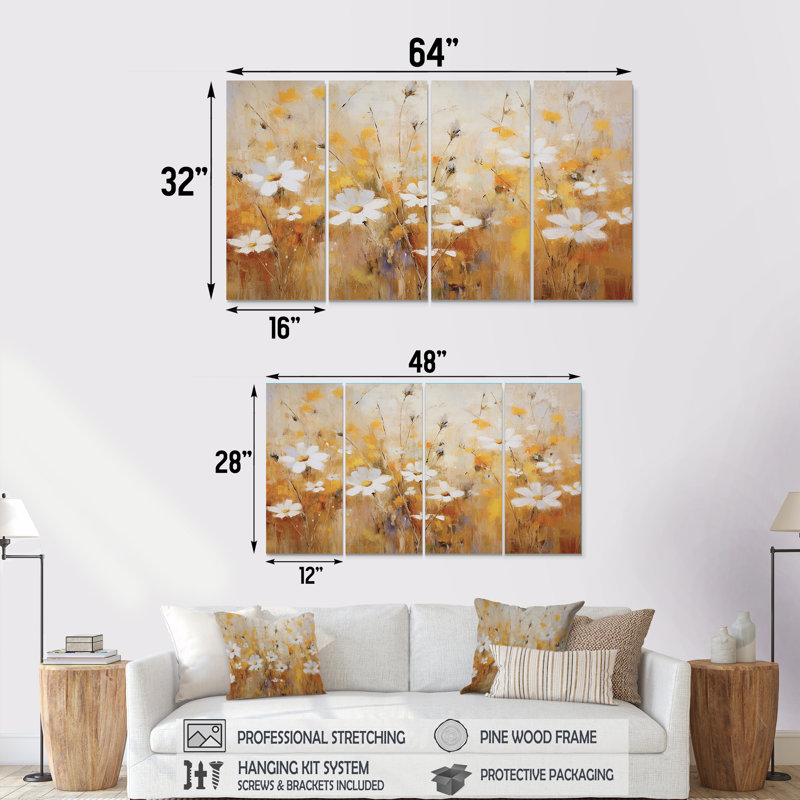 «White Marguerite Flower In Wheatfield I - Wildflowers», ensemble d'art mural 4 pièces, H 32 po x l 64 po