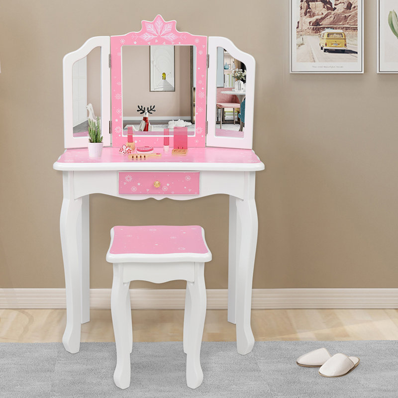 Hannakaisa Solid Wood Kids Vanity Set with Mirror, Pink