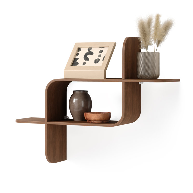 Elias Light Walnut Rubberwood Modern Wall Shelf