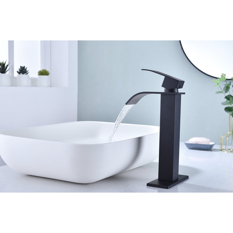 Waterfall Spout Single Handle Bathroom Sink Faucet, Matte Black, Stainless Steel With Pop-Up Drain  No Overflow  For Convenient And Precise Water Supply Adjustment, Control, Management Black Tap