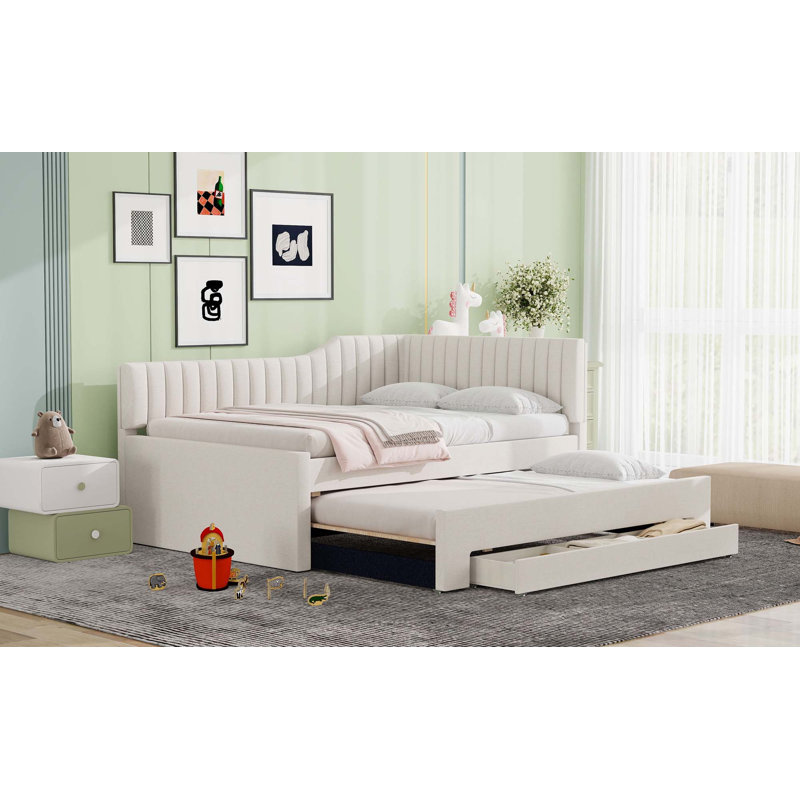 Upholstered Daybed With Trundle And Three Drawers, Beige, Full/Double