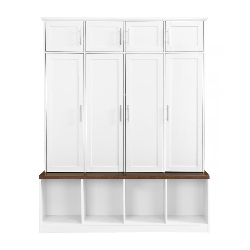 Versatile Hall Tree With 4 Hanging Hooks, Wood Grain Bench With Multiple Storage Space, Entryway Cabinet With Open Compartments For Living Room, Hallway, White