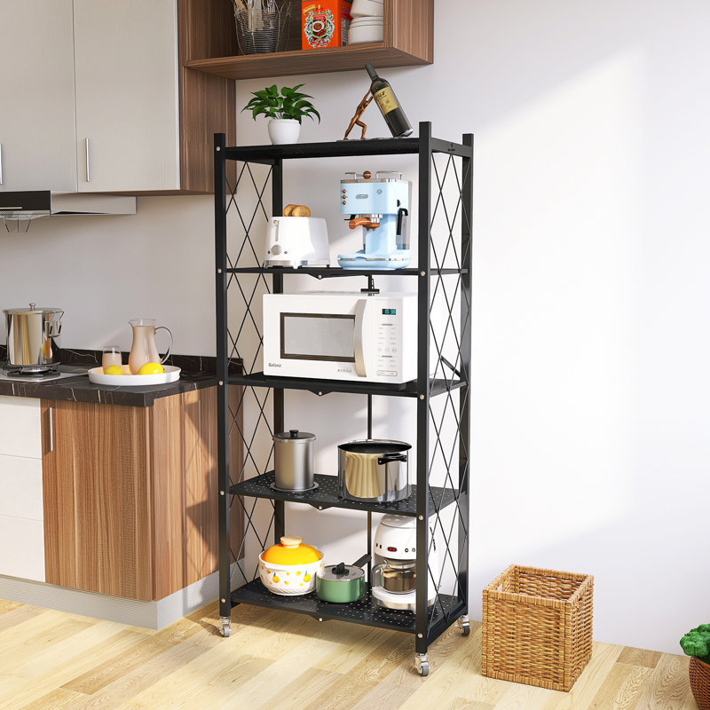 Jahod 5-Tier Foldable Metal Shelving Unit with Wheels, Black, 64.3" H x 28.2" W x 14.4" D