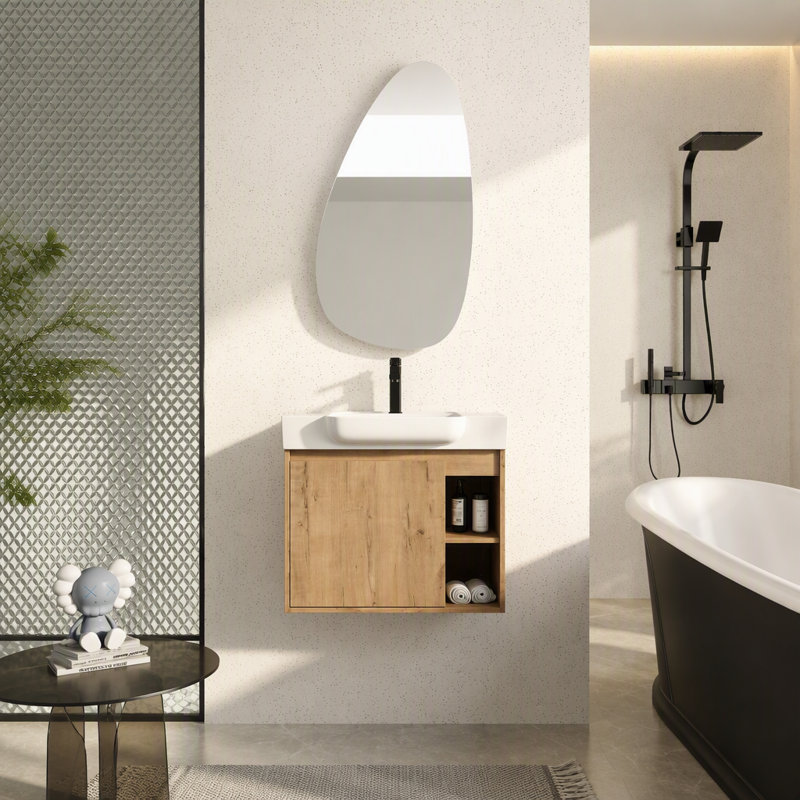 Meuble-lavabo mural 28 po avec lavabo en céramique blanche et porte à fermeture en douceur, emballage KD, Imitative Oak, 27"