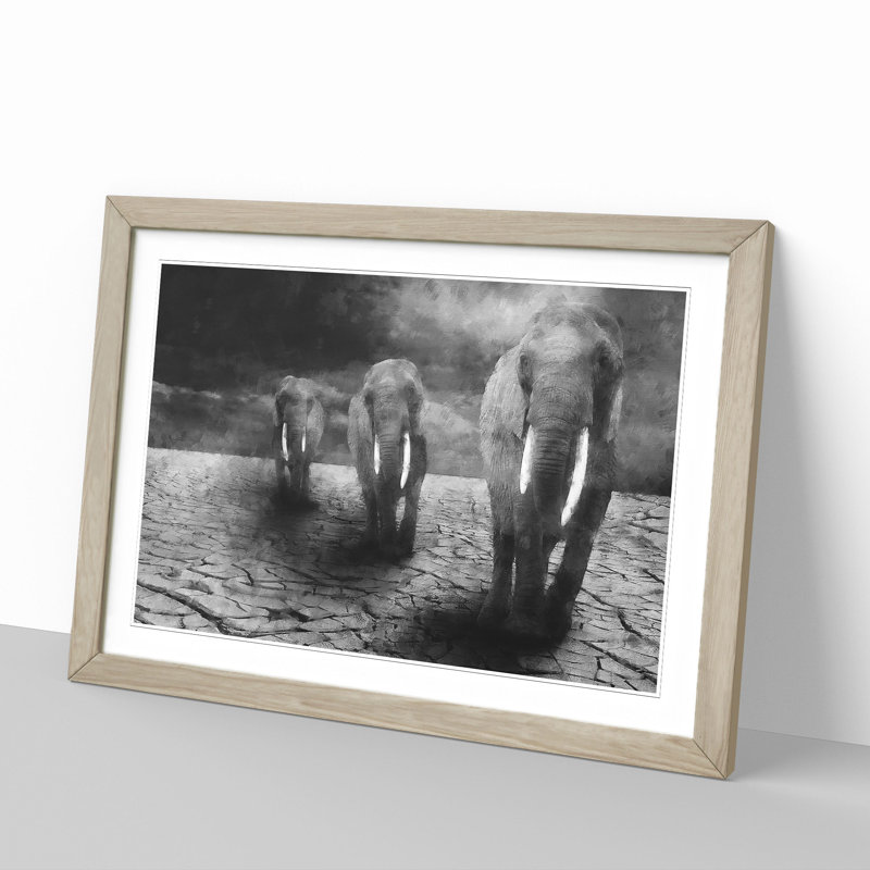 Three Elephants - Picture Frame Graphic Art, 27cm H x 36cm W x 2cm D, Oak