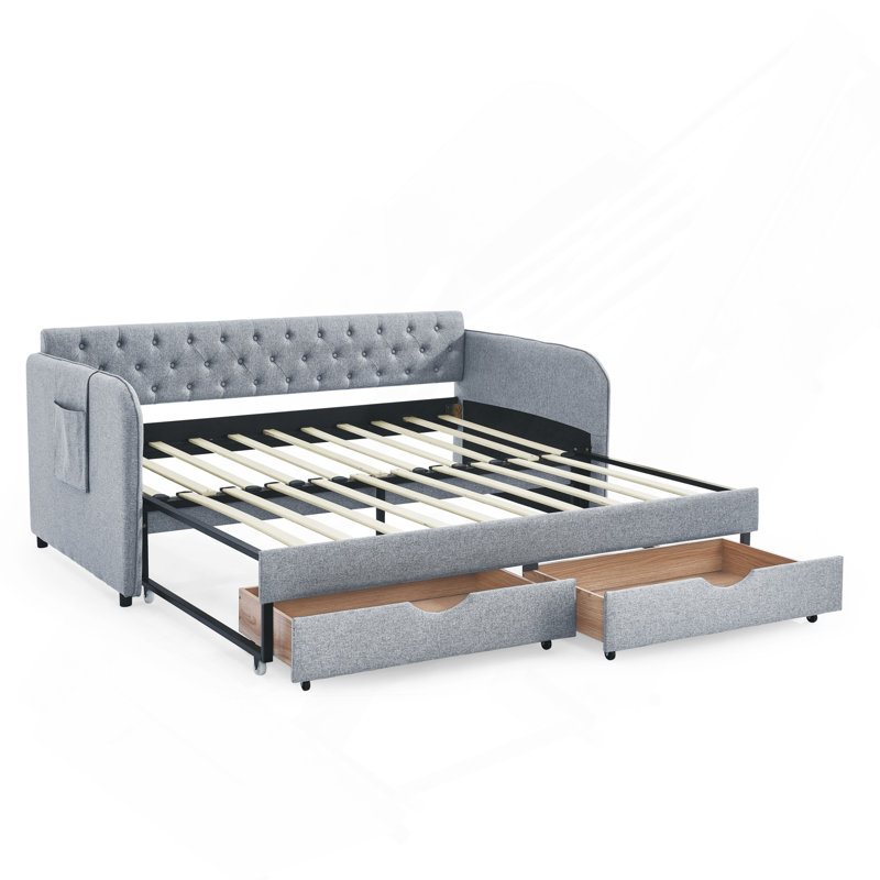 Twin Size Linen Upholstered Daybed With Trundle & Two Storage Drawers, Flat Arms With Storage Pocket - Extendable For Bedroom & Living Room