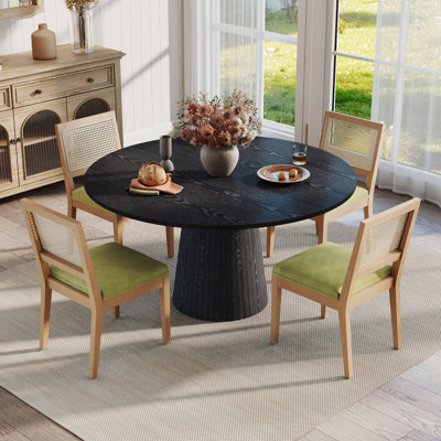Ensemble de table de salle à manger ronde à piédestal avec 4 à 6 chaises à dossier en rotin, ensemble de table de salle à manger de style campagnard avec chaises rembourrées en chenille et pieds en bois massif pour 4 à 6