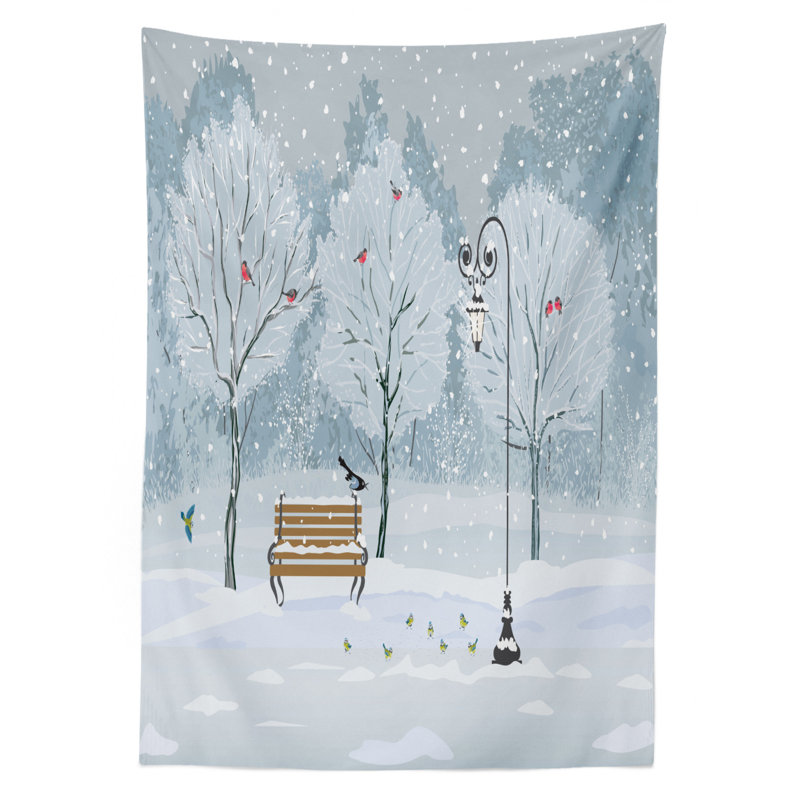 Snow Falling in the Park on a Cold Winter Day Birds Lanterns Xmas Season Picture Tablecloth, 72" x 52"