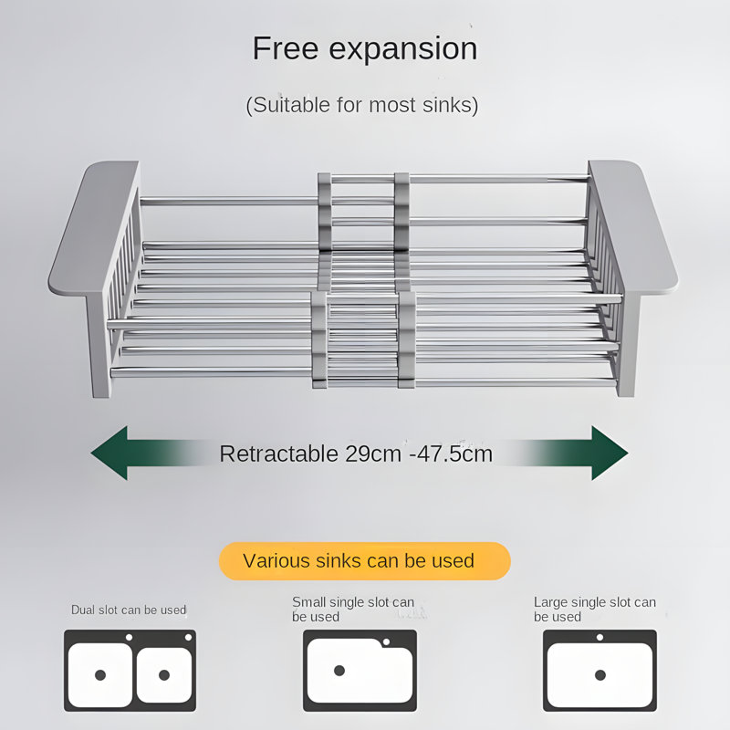 Égouttoir à vaisselle extensible au-dessus de l'évier - Organisateur à vaisselle en acier inoxydable pour évier de cuisine