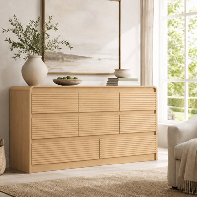 8 Drawer Dresser for Bedroom, 55.12" Chest of Drawers with Charging Station, Long Natural wood Dresser with Fluted Design & Curved Profile Design for Bedroom, Living Room