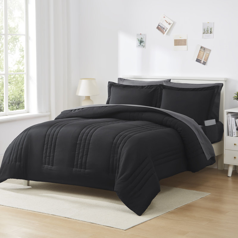8 Piece Quilted Solid Stripe Comforter, Sheet Set And Mattress Protector Bedding Bundle, Full, Black/Charcoal