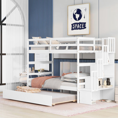 Twin Over Twin Bunk Beds With Twin Trundle And Stairway Storage Function In White Colour