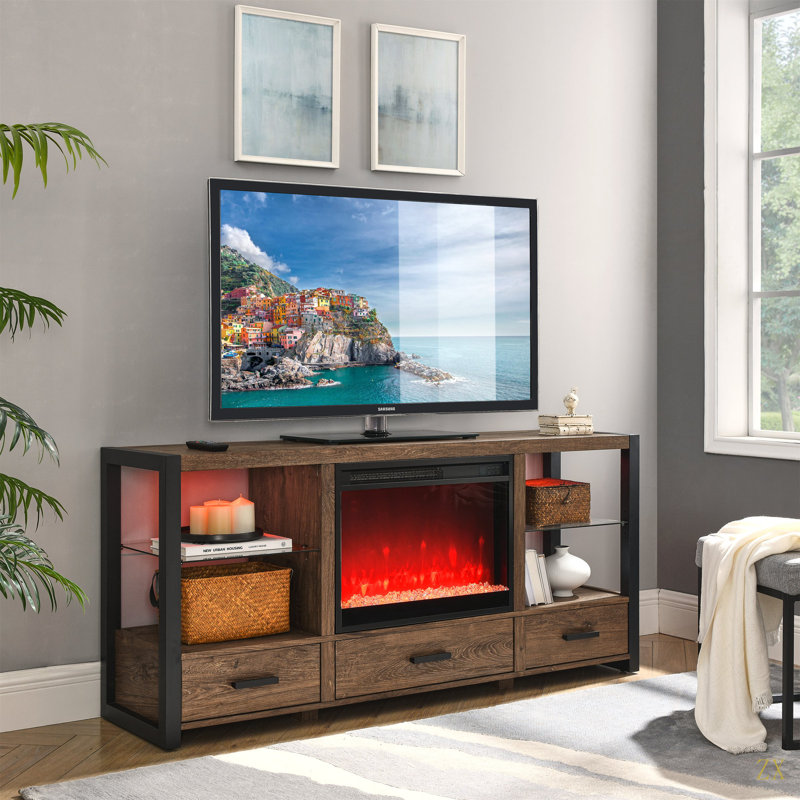 Meuble télé 60 pouces avec foyer et lumières DEL colorées, Bois de grange récupéré
