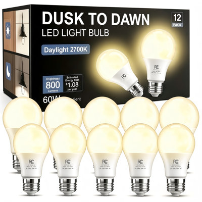 Dusk‑to‑Dawn A19 LED Light Bulb, 9W 60 Watt Equivalent, 800LM, Non‑Dimmable, E26 120V, Weatherproof, 2700K Warm White, 12‑Pack