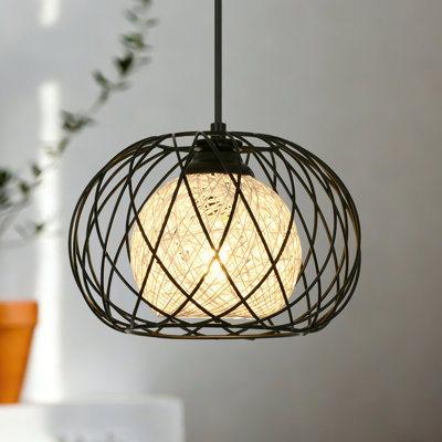 1-Light Pendant Light with Black Metal Cage & White Rattan – Adjustable Cord, Outperforms Basic Island Lights for Kitchen