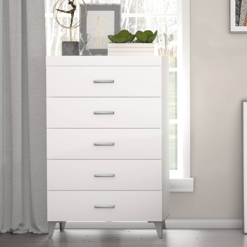 Commode de rangement en bois blanche à 5 tiroirs pour meubles de chambre à coucher | Idée de cadeau
