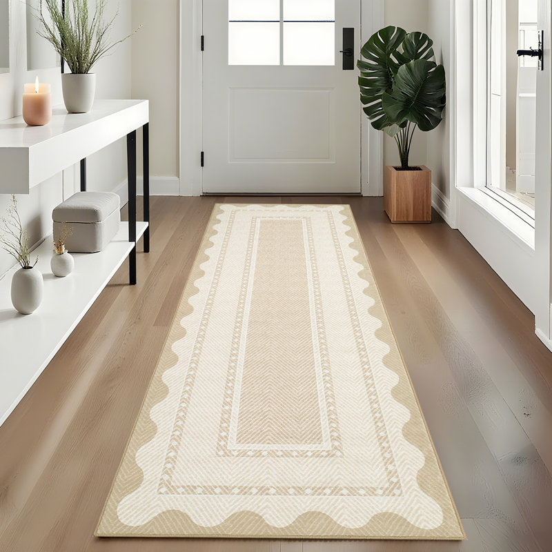 Washable Scalloped Area Rugs Living Room Rug Non Slip Stain-Resistant Rug for Bedroom Dining Room Home Office Linen, Beige