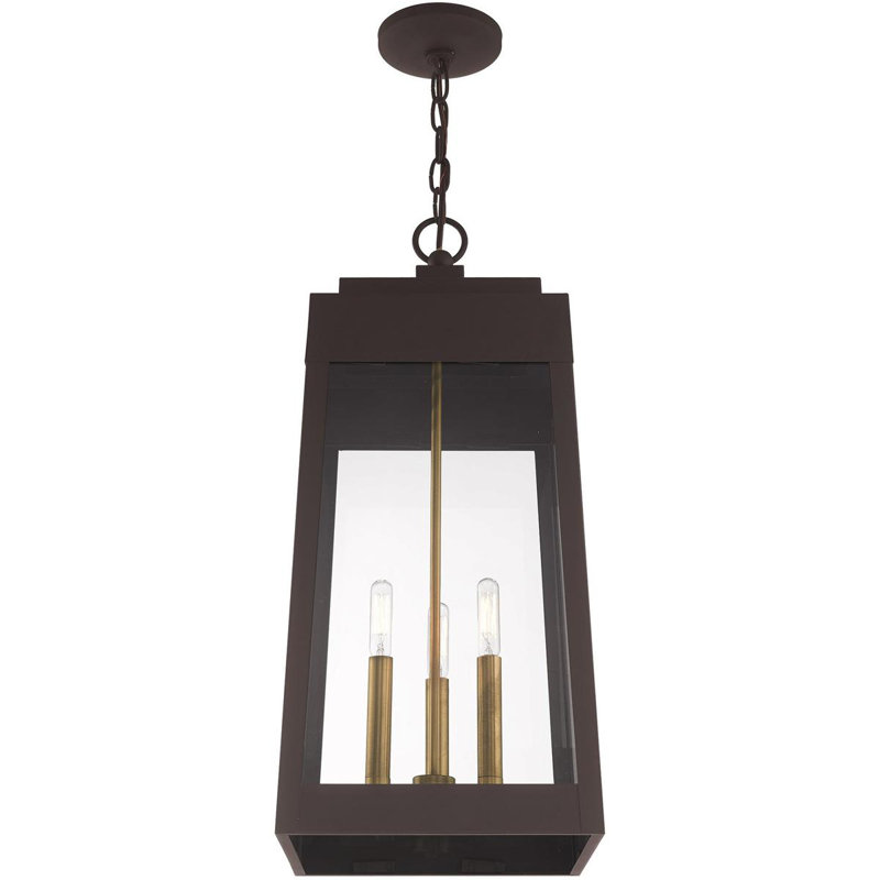 Lanterne suspendue d'extérieur 3 lumières avec abat-jour en verre transparent, Noir / Bronze