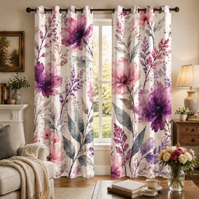 Lot de 2 rideaux à imprimé floral botanique aquarelle, style artistique de fleurs épanouies, décoration légère et luxueuse pour le salon et la chambre à coucher.