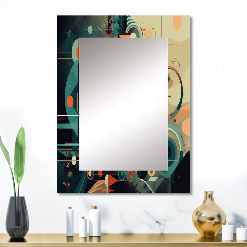 Orange et bleu abstrait Nostalgie I - miroir mural Mid-Century moderne, miroir décoratif orange, impression d'art en métal