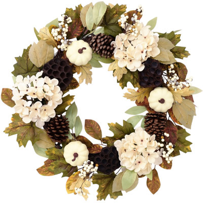 Couronne d'automne artificielle de 45 cm (17,7 pouces), couronne neutre aux couleurs de l'automne avec citrouilles blanches, hortensias, pommes de pin, capsules de lotus et feuilles d'automne, couronne de porte d'entrée pour la décoration murale ou de fenêtre de la maison (Thanksgiving).