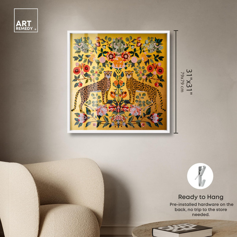 «Golden Cheetahs Living Room Art Shadowbox» par Art Remedy, H 31 po x l 31 po, Blanc