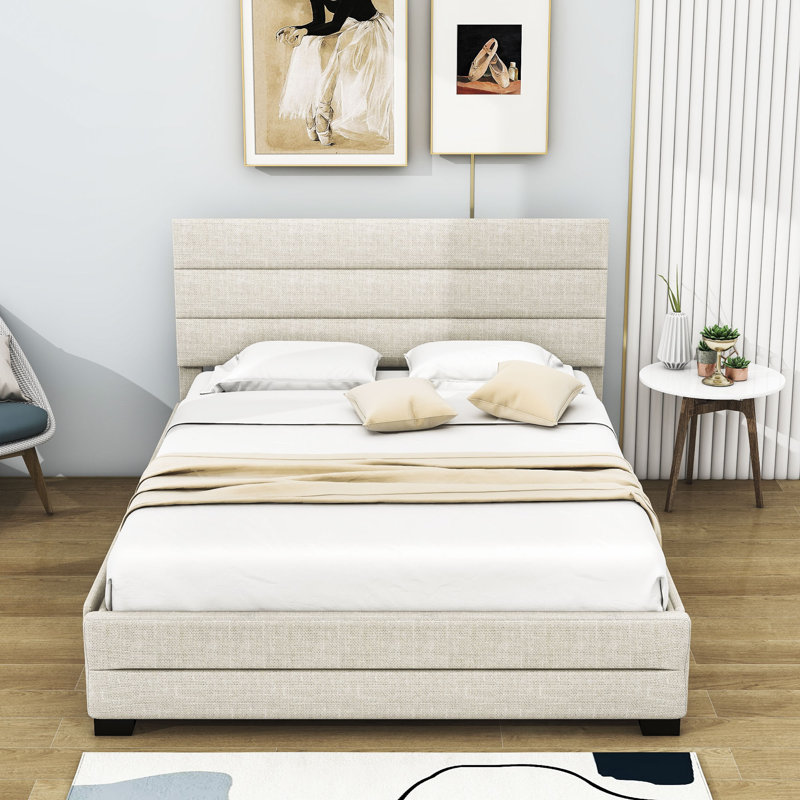 Mashli Queen Size 2 Drawers Upholstered Platform Bed with Twin Size Trundle, Beige