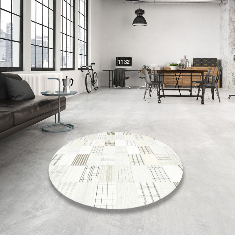 Tapis abstrait crème / gris, Rond 7 pi