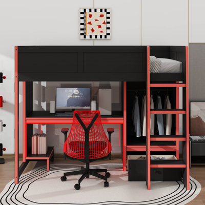 Wooden Loft Bed For Gaming, Incorporating A Built-In Workstation